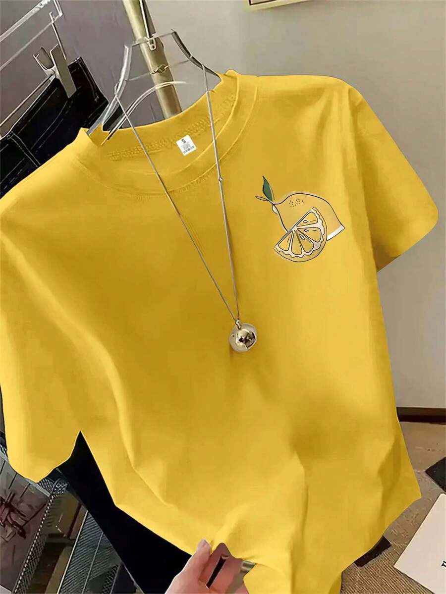 Women's Fashion Printed Short Sleeve T-Shirt With Lemon Pattern, White Short Sleeve, Round Neck Casual All-Season Women's Top, Loose And Comfortable Summer Tops - 黃色 - 查看 1
