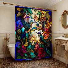 Colorful Artistic Print Waterproof Mildew-Resistant Weighted Bottom Shower Curtain, No Drilling Required, Painted Glass Style Hummingbird & Floral Pattern, Comfortable Bathroom Space - Red and Blue - View 2