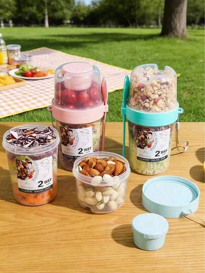 1pc 800ml Portable Salad Cup, Breakfast Cup (With Lid And Spoon), Double-Layer Oatmeal Cup, Water Bottle, Suitable For Office, Home, Outdoor, Picnic, Camping, Work, School, Holiday Gatherings, And Makes A Great Gift For Women, Men And Family