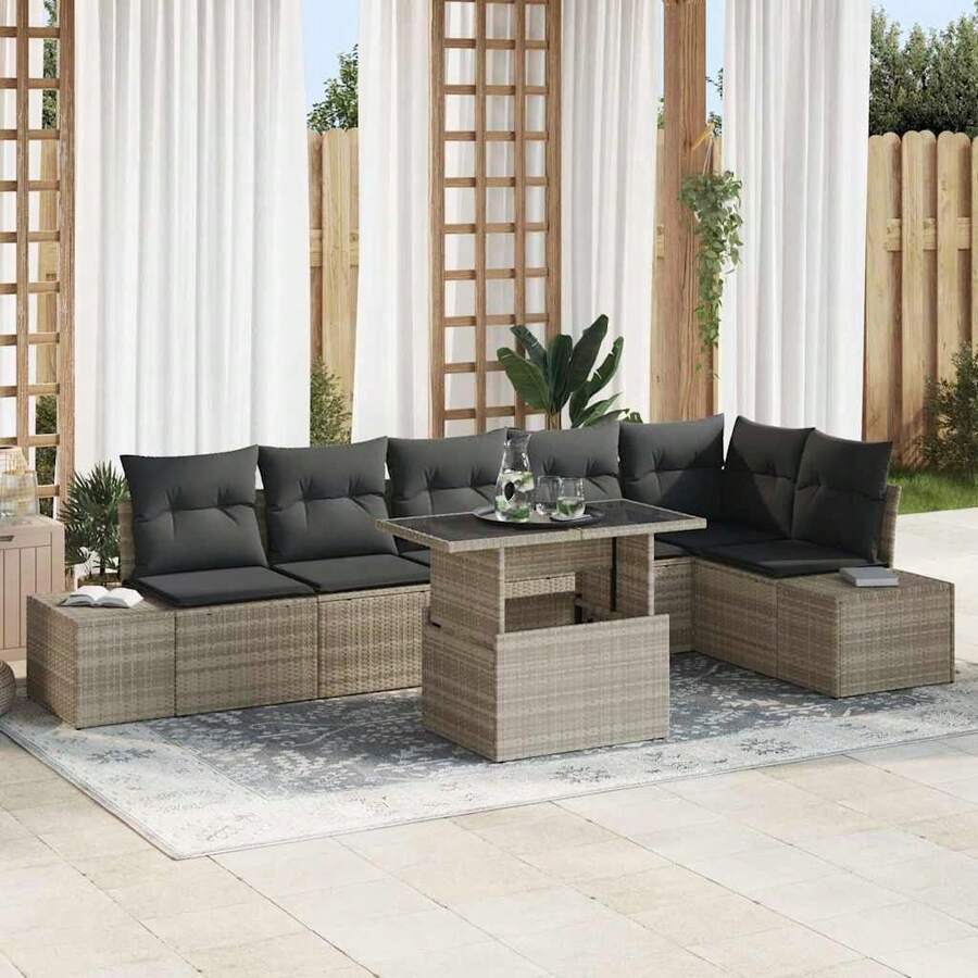 vidaXL 7-Teiliges Gartensofaset Mit Kissen, Hellgrau, Poly-Rattan - Grey - View 1