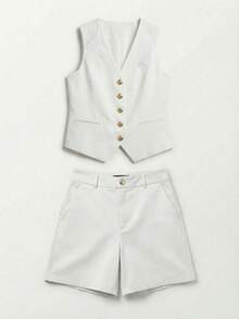 A&DD MODA, REF:LE513 - Women's Set - This Women's Vest And Shorts Set Includes An Exclusive Embroidered Vest With A Front Opening, Combined With High-Waisted, Straight-Cut Shorts That Perfectly Flatter The Legs. Ideal For Everyday Wear And The Workplace. - 白色 - 查看 7