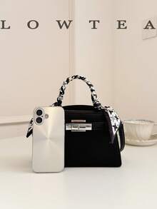 low tea New Summer Lychee Pattern Fashion Women's Handbag, Stylish Adjustable Shoulder Strap Decor Shoulder Crossbody Bag, Minimalist Solid Color High-End Metal Decor Commuter Shoulder Bag - Black - View 6