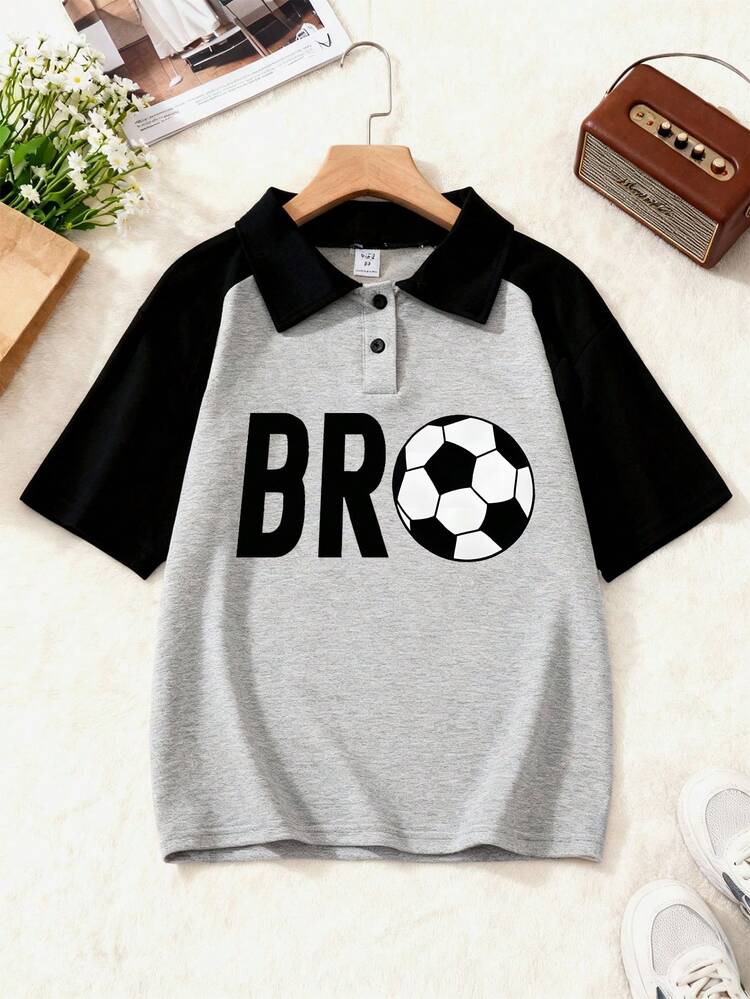 2pcs/Set Boys' Fashion Polo Shirt & Shorts Set, Printed With Letter & Football Pattern, Classic Collar Design, Stylish For Casual Wear & Sports - Multicolor - View 3