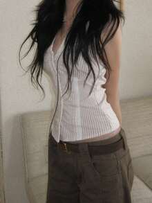 Áo hở lưng cổ yếm kẻ sọc viền ren, kiểu dáng thường ngày. - Xám - Xem 11