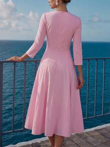 Vuslat 女士优雅 V 领镂空七分袖 A 字连衣裙，适合春季郊游、度假、婚礼宾客、女士休闲连衣裙、婚礼宾客礼服、婚礼及活动、婚礼礼服、婚礼宾客礼服、奢华晚礼服、女士正式礼服、度假装、夏季女士假日装、女士毕业礼服、毕业典礼等场合。 - 粉色 - 查看 2