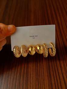 3-9 Pairs Luxury Thick Gold Hoop Earrings For Women, Low Allergy Thick Gold Earrings, Suitable For Valentine's Day, Mother's Day, Best Friend Gifts, Versatile Daily Wear - Gold - View 2