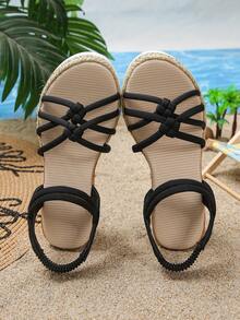 1双女童夏季高跟凉鞋，尺码偏小1码，时尚编织纯色套脚休闲厚底舒适轻便凉鞋，适合日常外出、度假、海滩穿着，坡跟凉鞋 - 黑色 - 查看 8