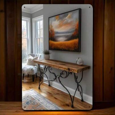 Rustic Console Table With Iron Base Reclaimed Wood Top Narrow Sofa Table Farmhouse Entryway Table Metal Legs Modern Hallway Table Wall Art Metal Sign