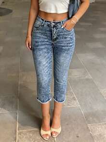 Women's Casual Retro Style Skinny Simple Denim Capri Pants, Summer - Light Wash - View 2