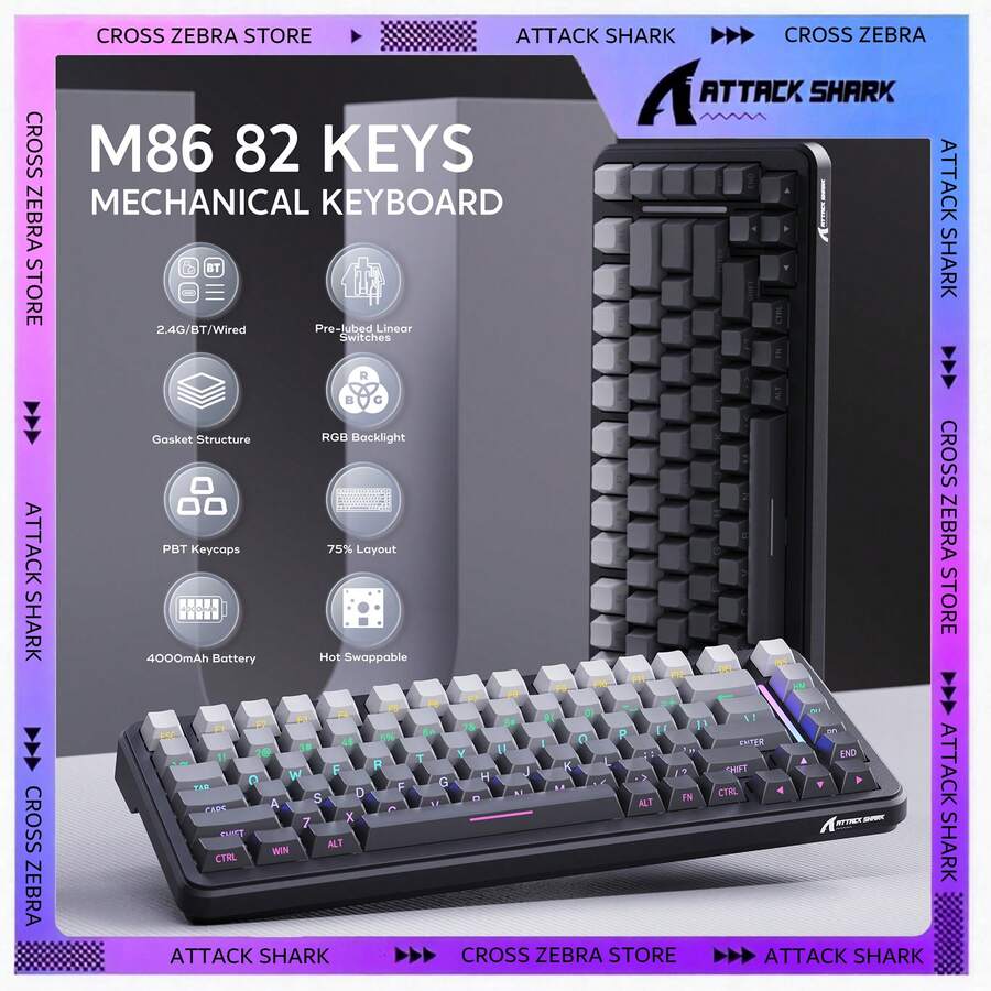 ATTACK SHARK M86 无线机械键盘，75% 布局，定制结构，支持热插拔，RGB 背光，预润滑轴体，侧印 PBT 键帽，支持蓝牙 5.0/2.4GHz/USB-C 三模连接，适用于 Windows PC/Linux/游戏玩家，节日礼物，儿童礼物，2026 新年礼物 - 夜光/黑莓/芝士白/星空黑 - 彩色 - 查看 1
