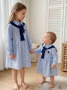 Young Girls Back To School Casual Cute Embroidered Collar Shirt Dress With Blue Shawl, School Uniform Dress - Blue - View 3
