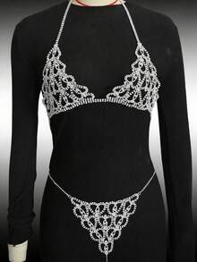 Cuier 1pc Nightclub Hollow Heart Bikini Body Chain Set, Women's Shiny Rhinestone Bra And Shorts Chain For Beach Party - Silver - View 7
