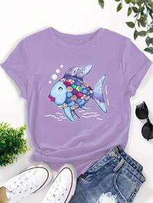 Women's Rainbow Scale Fish Teacher T-Shirt - Book And Nostalgic Design With "Kindness" Print, Short Sleeve Round Neck Casual Top, Suitable For Educators, Activities, And Book Lovers (White, Fish-Shaped Book Cover Pattern) - Màu tím - Xem 6