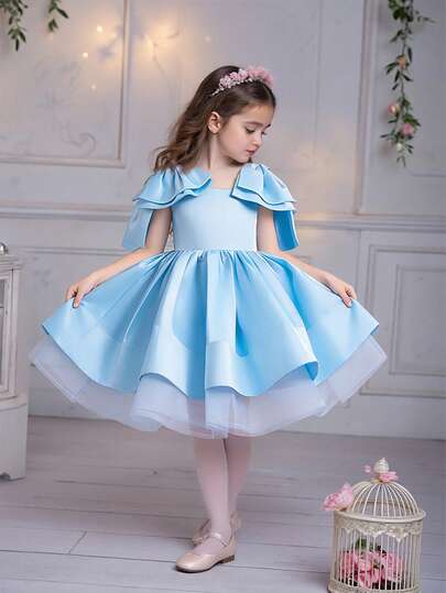 Young Girls' Simple Elegant Satin Dress With Thick Straps & Big Bow, Suitable For Birthday Party, Prom, Holiday Celebration, Does Not Include Headband