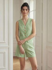 A&DD MODA, REF:LE513 - Women's Set - This Women's Vest And Shorts Set Includes An Exclusive Embroidered Vest With A Front Opening, Combined With High-Waisted, Straight-Cut Shorts That Perfectly Flatter The Legs. Ideal For Everyday Wear And The Workplace. - 綠色 - 查看 4