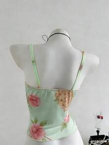 波西米亚复古浪漫性感甜美少女风度假休闲约会购物派对音乐节印花浅绿色吊带背心，女士春夏Y2K风格上衣 - 青檸色 - 查看 7