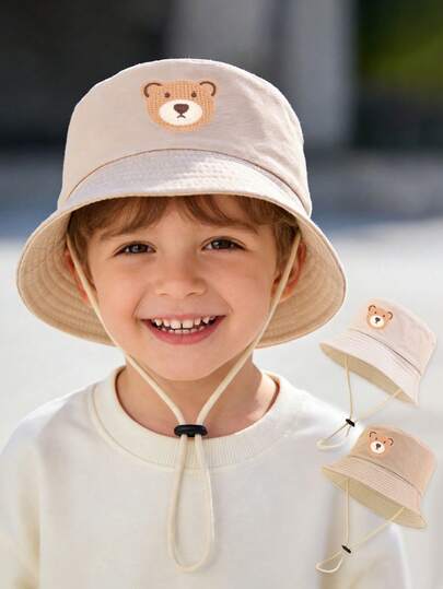 1PC Kids Wide Brim Sun Hat Cute Bear Patch Soft Breathable Fabric Adjustable Wind Lanyard For Daily Outdoor Play Camping