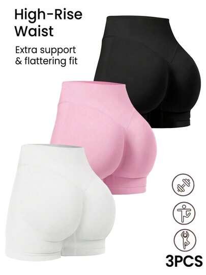 3 st damsportshorts, korta sömlösa elastiska leggings, ogenomskinliga yogashorts med hög midja, lämpliga för fitness, löpning, cykling, yoga, sport och vardagskläder.