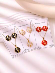 2026 New Fashion Oil-Pressed Handmade Drip Oil 3 Pieces Set 304 Stainless Steel Gold-Plated Earring & Necklace Set Daily Commute / Party & Date Accessories - Diamond Pattern - View 2
