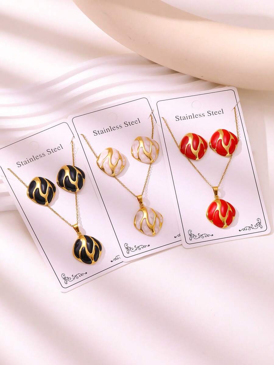 2026 New Fashion Oil-Pressed Handmade Drip Oil 3 Pieces Set 304 Stainless Steel Gold-Plated Earring & Necklace Set Daily Commute / Party & Date Accessories