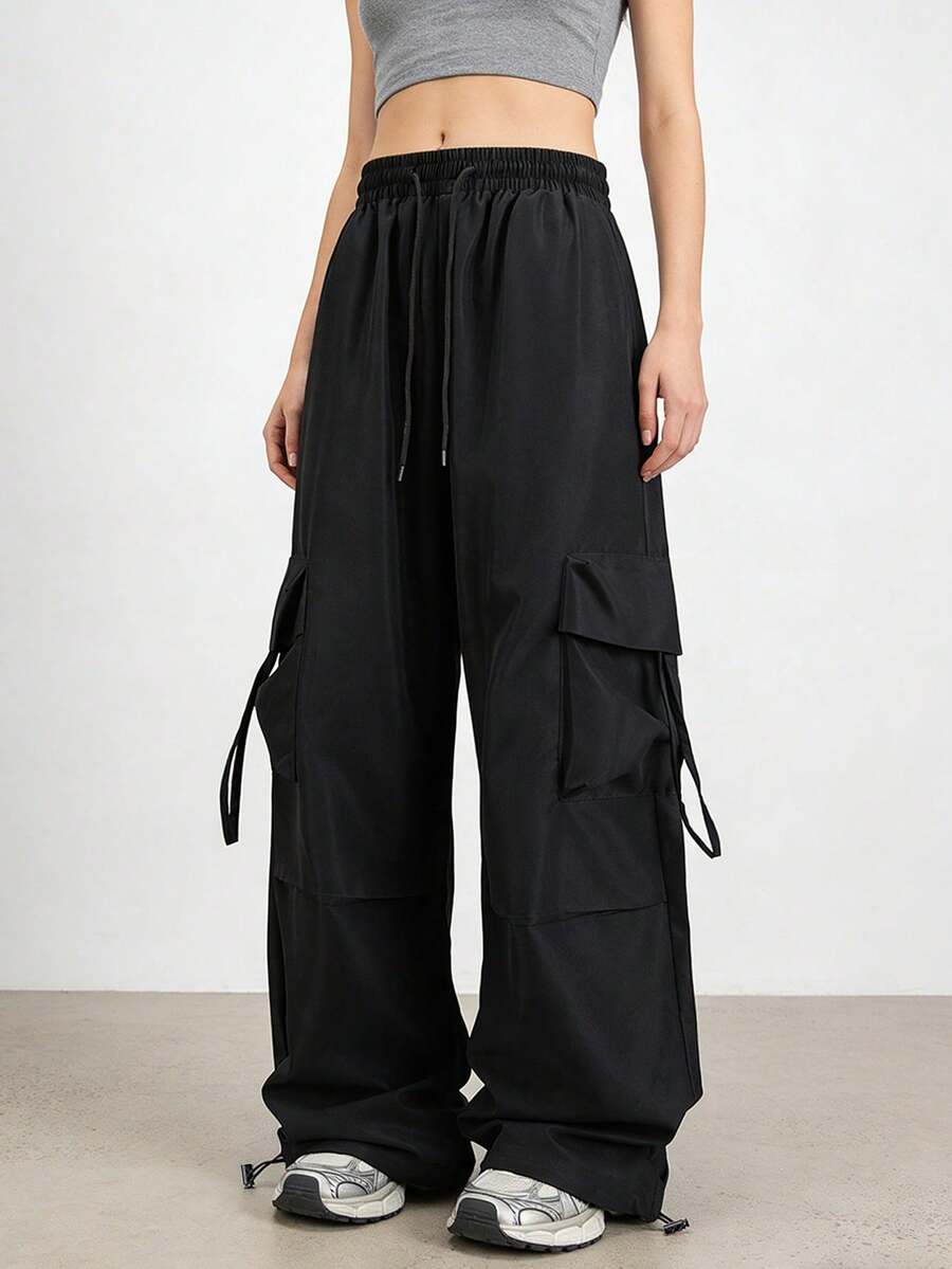 Women's Techwear Pants, High Waisted Baggy Cargo Pants With Multi Pockets, Strap Detail And Drawstring Hem For Streetwear - Black - View 1