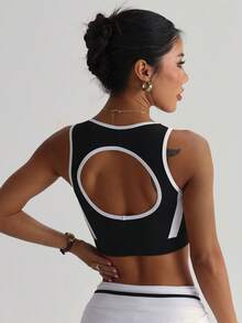 女士黑白时尚圆领可拆卸衬垫运动针织文胸 - 黑與白 - 查看 2