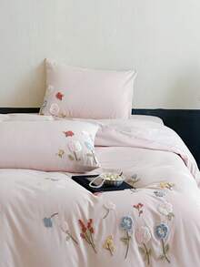 一套三件白色花卉植物刺绣床上用品，包括1个被套和2个枕套，超柔软透气时尚被套 - 淺粉色 - 查看 4