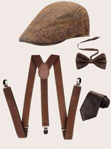 2/3/4/5+ Pcs 1920s Gangster Costume Accessories Set, Newsboy Cap, Suspenders, Tie, Pre-Tied Tie Accessories Set, Halloween - Multicolor - View 7