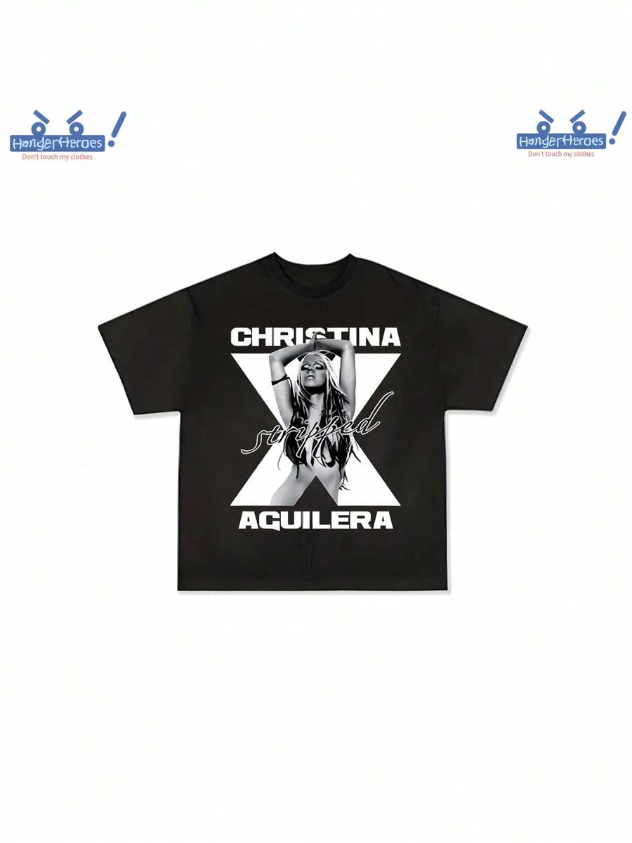 Men'S & Women'S Christina Aguilera Retro Y2K Graphic-Shirt - Black & White Bold Print With X-Back Design - All-Season Casual Streetwear Tee Concerts, Casual Attire - Washable Regular Fit Shirt, Concert Outfit, Street Style - 黑色 - 查看 1