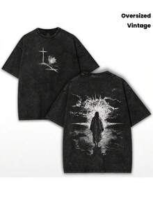 LIDANR 1PC Vintage Heavy Oversized Christian T-Shirt - Crown Of Thorns Jesus Tee, Longline Vintage Washed Heavyweight Top With Religious Graphic, - Church Outfitmen's Clothes Shirts - 黑色 - 查看 8