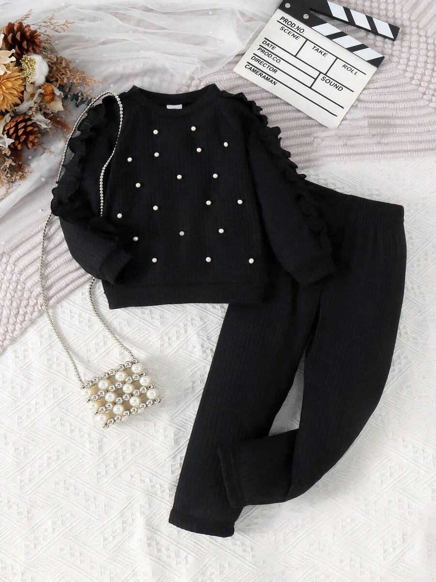 2 件套年轻女孩休闲针织纯色长袖上衣，带褶皱蕾丝和串珠细节和纯色裤子，春秋季 - 黑色 - 查看 1