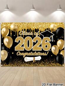 1pc Graduation Banner Background, Class Of 2026 Congrats Grad Pattern Backdrop, Black Gold Background Cloth, Indoor Outdoor Wall Decor, Graduation Decorations 2026 High School College Party Supplies, Room Home Decor - Black Gold-02 - View 1