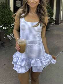 Summer Cute Plaid Print Vest Dress Pleated Flowy Hem A-Line Dress Y2K Sleeveless Babydoll Dress Cutecore U Neck Slim Fit Short Dress Going Out Dress Party Club Streetwear Daily Casual Clothes - 藍色 - 查看 3