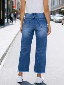 Comfortable Loose Fit Stretchy Distressed Washed Blue Frayed Hem Straight Leg Jeans For Women, Street Style - 中藍色 - 查看 3