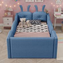 Twin Size Upholstered Kids Bed Frame With Cute Rabbit Headboard,  Soft-Padded Bed Frame And A Cute Rabbit-Shaped Headboard. It Has A Low-Profile Design And Comes With Removable Guardrails. Suitable For Toddlers, Boys, And Girls. - Blue - View 1