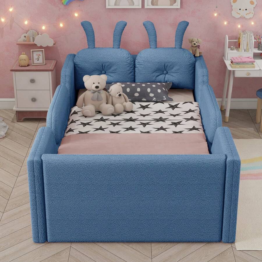 Twin Size Upholstered Kids Bed Frame With Cute Rabbit Headboard,  Soft-Padded Bed Frame And A Cute Rabbit-Shaped Headboard. It Has A Low-Profile Design And Comes With Removable Guardrails. Suitable For Toddlers, Boys, And Girls. - Blue - View 1