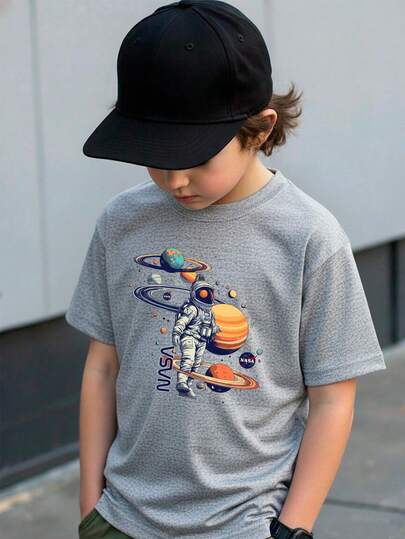 NASA Camiseta para niños de 4 a 12 años de 100% algodón, cuello redondo y manga corta, excelente calidad, cómoda y suave al tacto, con estampado Original con dibujo de astronauta y planetas
