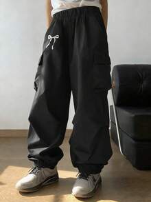 1pc Girls & Teens Cute Bow Decor Fashionable Casual Versatile Cargo Pants - Black - View 4