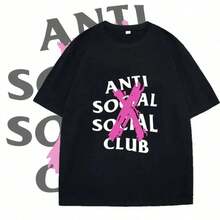 2025 Letter A-Anti S Social C-Club Printed T Tops Loose Short Sleeves Harajuku Man Clothes Summer Sport T Shirt Casual Tees - 黑色 - 查看 1