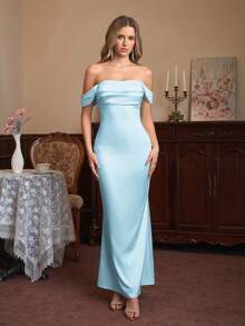 PARTHEA Off Shoulder Ruched Satin Elegant Dress Bridesmaid Dress - Blue - View 6