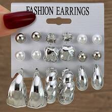 VKME 18件金属材质扭纹珍珠不对称卡片耳环套装，适合女士日常休闲百搭 - XH92825183 - 查看 13