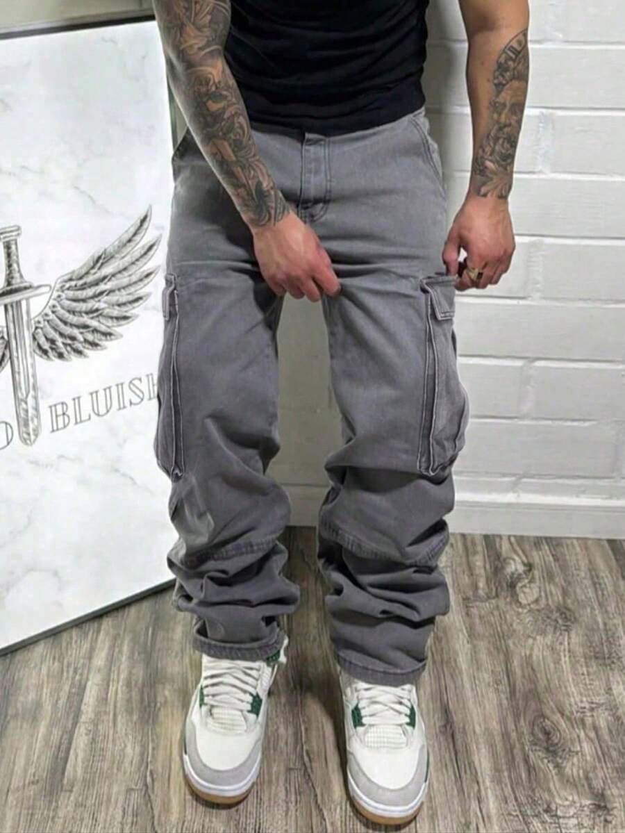 Grunge Goth Y2K风格男士休闲叠层牛仔裤，百搭四季牛仔裤，时尚街头服饰，适合工作、通勤、舞台表演、朋友聚会、户外活动等场合穿着。 - 灰色 - 查看 1
