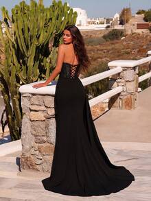 ADYCE Đầm dạ hội dáng đuôi cá thanh lịch, chất liệu ren xuyên thấu, cạp cao, thắt lưng, xẻ tà cao, hở lưng, dài đến sàn, thích hợp cho khách dự đám cưới, tiệc tùng, dạ hội, hẹn hò, tiệc tối trang trọng, năm mới và các dịp khác, ngày Valentine, màu đen mùa xuân. - màu đen - Xem 2