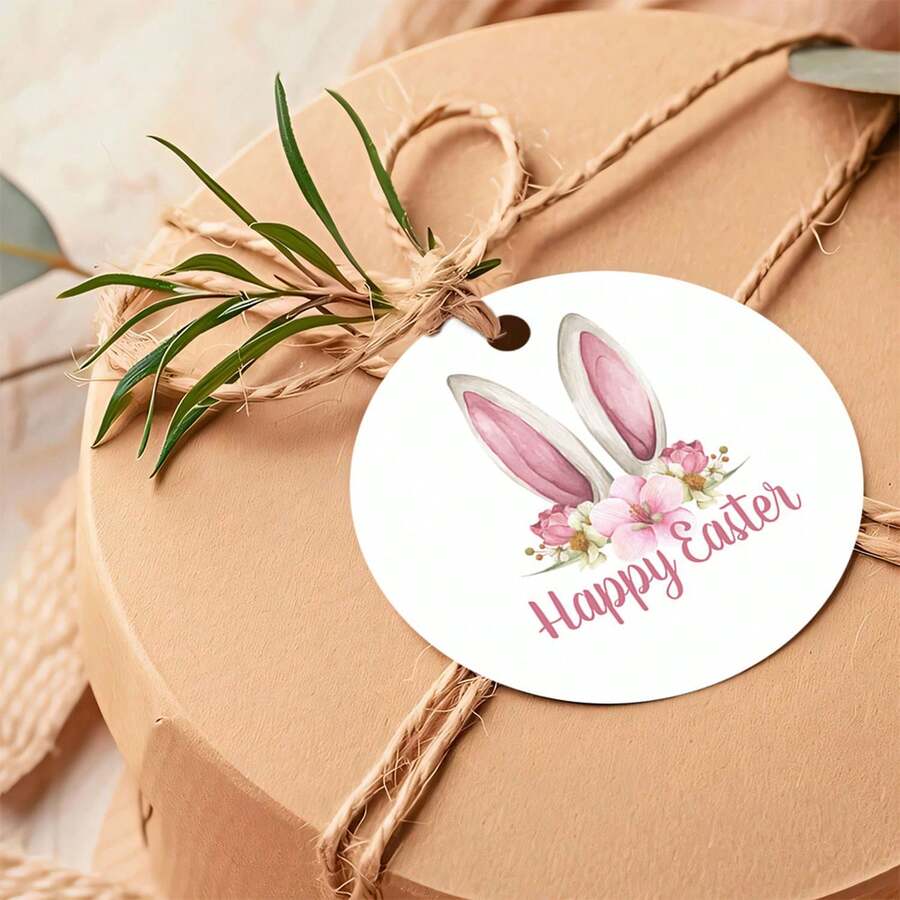 24/48 Pcs Easter Happy Round Labels With Rope, Bunny Ears And Floral Design, Festival Gift Hanging Tags, Ideal For Easter Gifts, Charming Souvenirs, Made Of Paper - Multicolor - View 1