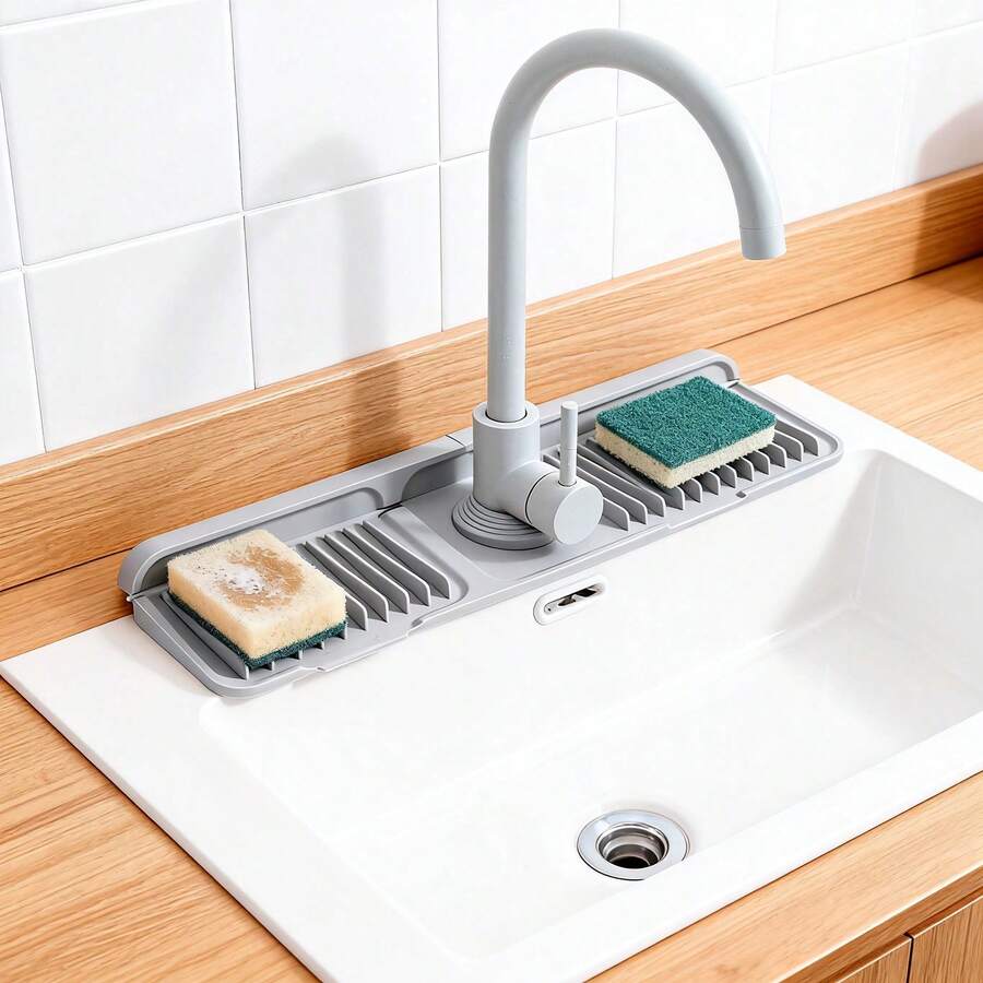 Protector de salpicaduras de grifería de silicona - Tapete antifugas para cocina y baño - Gris Claro - Ver 1