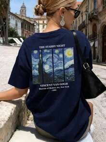 Women's Summer Personalized Letter Printed Pattern Round Neck-Shirt Fashionable And Versatile Women's Half Sleeve Small Shirt With Van Gogh Starry Print. Graphic Tees Women Pink Top White Top Black Top - 藏蓝色 - 查看 6