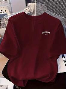 Women Ladies Brown Loose T-Shirt With New York Letter Print - Casual Round Neck Short Sleeve Top For Spring Summer Autumn Loose Casual Wear Machine Wa - 酒紅色 - 查看 12