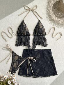 三件套性感黑色蕾丝休闲泳衣套装，女士吊带比基尼上衣，侧系带泳裤搭配沙滩裙，高弹力面料，适合度假休闲，优质夏季泳装套装 - 黑色 - 查看 5