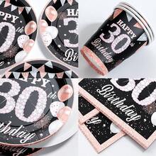 30th Birthday Disposable Tableware Set, Includes Plates, Napkins And Cups, Serves 10 Guests, Lightweight Luxury Disposable Plates, Napkins And Cups For Birthday, Wedding, Party, Family Picnic - Multicolor - View 3