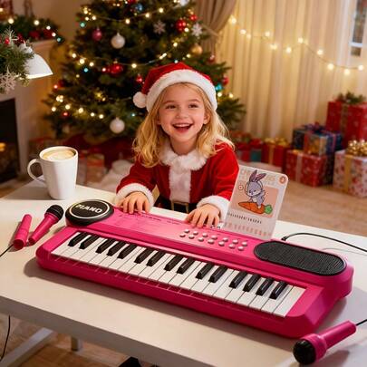 37-Key Electronic Keyboard Piano Toy With Microphone And Music Stand - Interactive Music Learning, Featuring Piano Keys And Singing Mode - Powered By USB Or Batteries (AA) - Ideal Birthday Or Christmas Gift For 1-5-Year-Old Boys And Girls - Available In Pink, Blue Or Turquoise, Mini Piano, Accompaniment Entertainment, Fun Design, Portable Control, Early Education